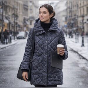 THEORY Down Puffer Coat women quilted small funnel Collar Dufour Print gray